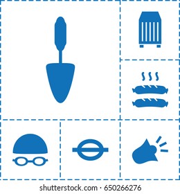 Single icon. set of 6 single filled icons such as trowel, cargo container, music note, sausage, siren
