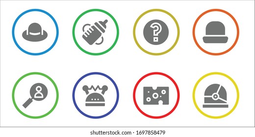 conjunto de iconos únicos. 8 iconos únicos rellenos.  Iconos modernos sencillos, como: Sombrero, Buscar, Botella de alimentación, Casco, Pregunta, Queso
