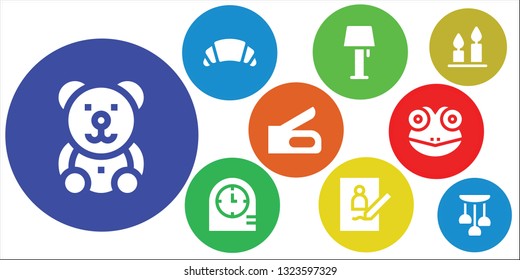 single icon set. 9 filled single icons.  Collection Of - Teddy bear, Croissant, Lamp, Clocks, Picture, Stapler, Frog, Candles