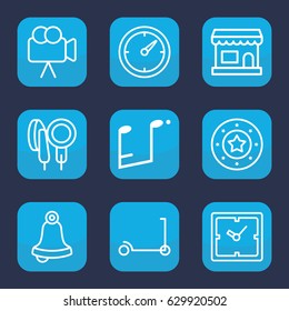 Single icon. set of 9 outline single icons such as kick scooter, clock, casino chip, camera, music note, microphone, bell