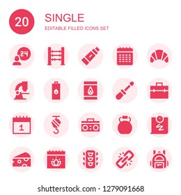 single icon set. Collection of 20 filled single icons included Room service, Abacus, Toothpaste, Calendar, Croissant, Microscope, Lighter, Matches, Screwdriver, Briefcase, Crane