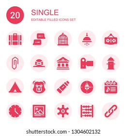 single icon set. Collection of 20 filled single icons included Briefcase, Discussion, Bird cage, Lamp, Close, Clip, Hat, Museum, Camcorder, Hydrant, Tent, Bear, Toothpaste, Clock