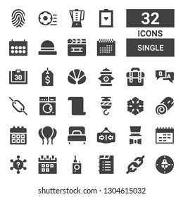 single icon set. Collection of 32 filled single icons included Clock, Link, Calendar, Bug detector, Question, Hat, Close, Single bed, Balloons, Cinnamon roll, Freezer, Crane, List