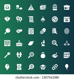 single icon set. Collection of 36 filled single icons included Balloon, Link, Backpack, Search, Sharpener, Calendar, Rugby ball, Kettlebell, Football, Match, Hanger, Searching