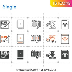 single icon set. included exam, audiobook, ebook, student, book, icons on white background. linear, bicolor, filled styles.