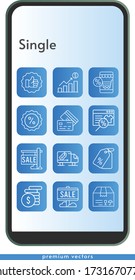 single icon set. included profits, online shop, sale, package, money, like, price tag, discount, credit card, delivery truck icons on phone design background . linear styles.