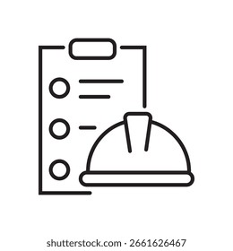 Icono único de equipo de topografía o tarea con símbolo de nota y casco en estilo de contorno. Ilustración vectorial de trazo editable.