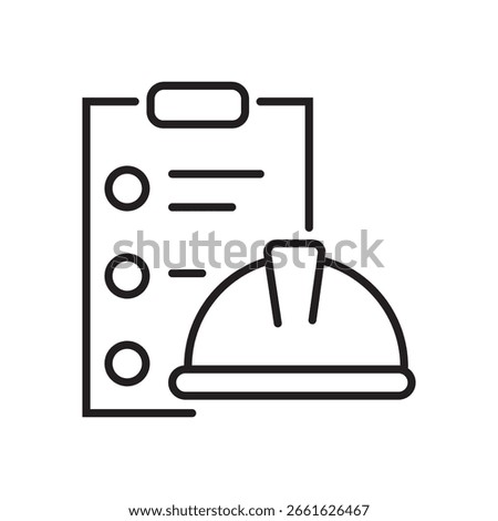 Single icon of surveying equipment or task with note and helmet symbol in outline style. Editable stroke vector illustration.
