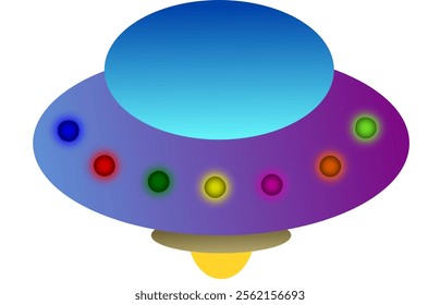 Single icon ufo, u.f.o, space ship with violet gradient color with colorful neon lamp on it vector illustration cartoon animated 