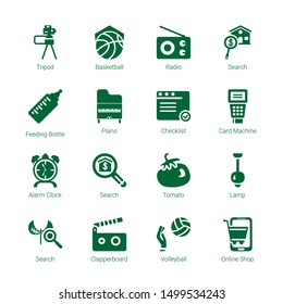 single icons. Editable 16 single icons. Included icons such as Tripod, Basketball, Radio, Search, Feeding bottle, Piano, Checklist, Card machine. single trendy icons for web.