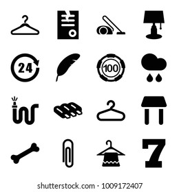 Single icons. set of 16 editable filled single icons such as sausage, hanger, 100 casino chip, 7 number, paper, table lamp, paper clip, water hose, rain, 24 hours, table