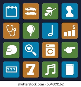 single icons set. Set of 16 single filled icons such as sausage, washing machine, 7 number, construction, stethoscope, heart search, music note, golf ball, helmet, whistle
