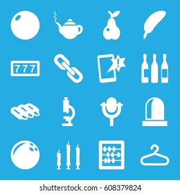 Single icons set. set of 16 single filled icons such as sausage, hanger, teapot, 7 number, abacus, pear, microphone, wine glass, candle, siren, chain, bowling ball, feather