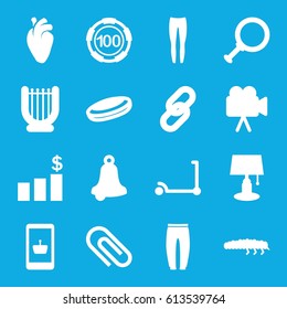 Single icons set. set of 16 single filled icons such as kick scooter, 100 casino chip, underpants, caterpillar, heart organ, camera, money chart, hockey puck, harp, bell