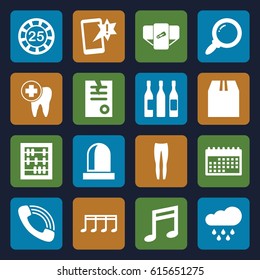 Single icons set. set of 16 single filled icons such as diaper, 25 casino chip, underpants, paper, cargo container, call, dental care, music note, wine glass, siren, rain