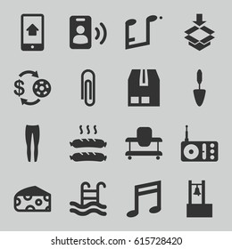 Single icons set. set of 16 single filled icons such as cheese, baby walker, Casino chip and money, underpants, trowel, cargo container, box, radio, music note, sausage
