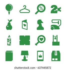 Single icons set. set of 16 single filled icons such as clock, casino bet, vacuum cleaner, washing machine, hanger, pear, cargo container, candle, love card, golf ball, bell
