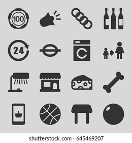 Single icons set. set of 16 single filled icons such as cheese, washing machine, table, 100 casino chip, son and father, music note, wine glass, siren, 24 hours, chain, store