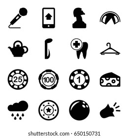Single icons set. set of 16 single filled icons such as cheese, hanger, 1 casino chip, 25 casino chip, dental care, music note, microphone, home on phone display, teapot
