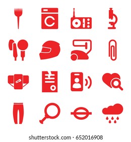 Single icons set. set of 16 single filled icons such as washing machine, diaper, barber brush, vacuum cleaner, underpants, paper, heart search, radio, music note, microphone