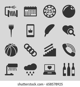 Single icons set. set of 16 single filled icons such as barber brush, 25 casino chip, water hose, heart search, basketball, laptop with heart, call, wine glass, rain, chain