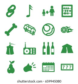 Single icons set. set of 16 single filled icons such as tent, 7 number, lottery, abacus, son and father, pear, radio, music note, wine glass, siren, basketball, calendar, link