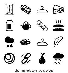 Single icons set. set of 16 single filled and outline icons such as lottery, rain, pear, hanger, sausage, teapot, basketball, cargo container, cheese, heating system, chain