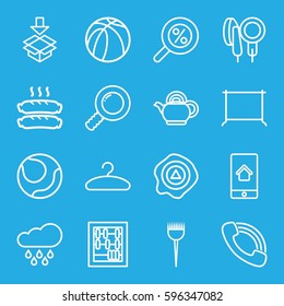 single icons set. Set of 16 single outline icons such as barber brush, hanger, basketball, arrow up, box, call, microphone, sausage, home on phone display, teapot, rain