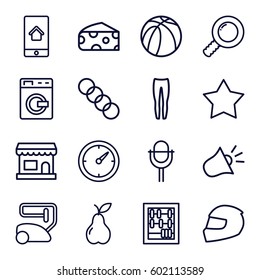 single icons set. Set of 16 single outline icons such as washing machine, cheese, vacuum cleaner, underpants, pear, basketball, microphone, home on phone display, siren, clock