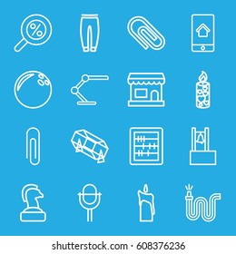 Single icons set. set of 16 single outline icons such as lottery, underpants, abacus, water hose, candle, microphone, table lamp, home on phone display, bell, percent search