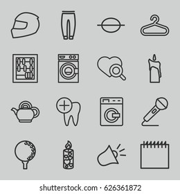 Single icons set. set of 16 single outline icons such as washing machine, hanger, underpants, heart search, candle, dental care, music note, microphone, teapot, siren