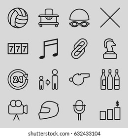 Single icons set. set of 16 single outline icons such as baby walker, 7 number, son and father, camera, music note, microphone, cancel, wine glass, 24 hours