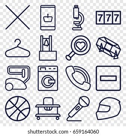 Single icons set. set of 16 single outline icons such as washing machine, baby walker, 7 number, lottery, vacuum cleaner, hanger, call, microphone, cancel, bell, helmet, minus