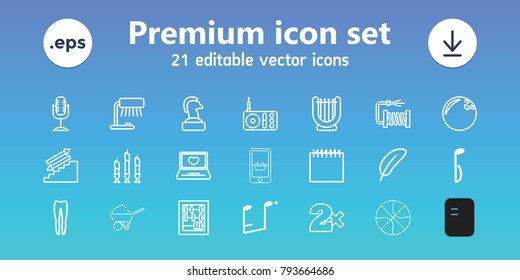 Single icons. set of 21 editable outline single icons includes casino bet, underpants, feather, table lamp, abacus, chess horse, bowling ball, harp, stairs, water hose