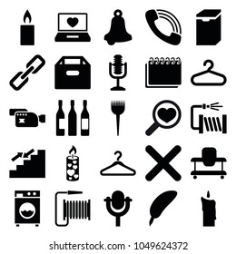 Single icons. set of 25 editable filled single icons such as baby walker, hanger, barber brush, feather, bell, box, water hose, laptop with heart, candle, call, microphone