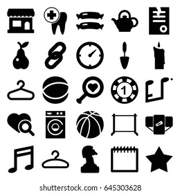 Single icons set. set of 25 single filled icons such as sausage, diaper, hanger, 1 casino chip, washing machine, paper, trowel, pear, heart search, basketball, dental care