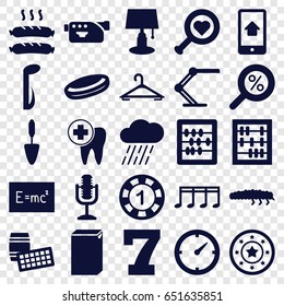 Single icons set. set of 25 single filled icons such as hanger, 1 casino chip, casino chip, 7 number, washing machine, abacus, trowel, rain, caterpillar, camera, dental care