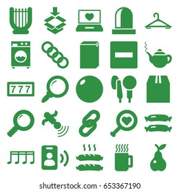 Single icons set. set of 25 single filled icons such as sausage, hanger, teapot, 7 number, washing machine, pear, cargo container, box, laptop with heart, satellite