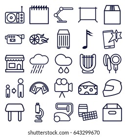 Single icons set. set of 25 single outline icons such as cheese, table, vacuum cleaner, hanger, son and father, rain, cargo container, camera, radio, music note, microphone