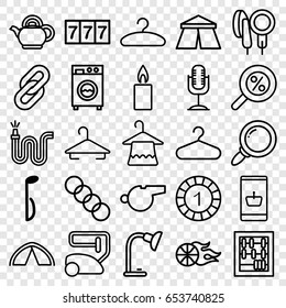 Single icons set. set of 25 single outline icons such as tent, hanger, 7 number, 1 casino chip, vacuum cleaner, water hose, music note, microphone, table lamp, candle, teapot