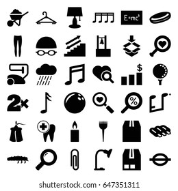 Single icons set. set of 36 single filled icons such as sausage, barber brush, hanger, casino bet, vacuum cleaner, underpants, construction, rain, caterpillar, heart search