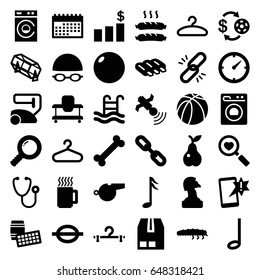 Single icons set. set of 36 single filled icons such as sausage, baby walker, casino chip and money, lottery, vacuum cleaner, washing machine, hanger, pear, caterpillar