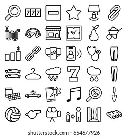 Single icons set. set of 36 single outline icons such as sausage, diaper, clock, 7 number, hanger, underpants, son and father, construction, trowel, water hose, pear