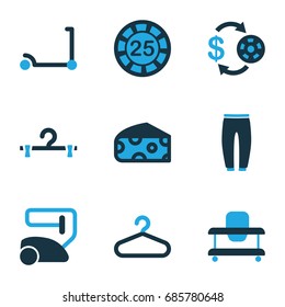 Single icons set. set of 9 single bi-color icons such as cheese, kick scooter, baby walker, casino chip and money, 25 casino chip, vacuum cleaner, hanger