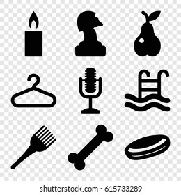 Single icons set. set of 9 single filled icons such as coloring brush, hanger, pear, microphone, candle, swimming pool, chess horse, hockey puck