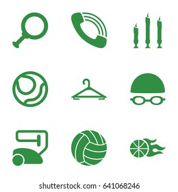 Single icons set. set of 9 single filled icons such as hanger, vacuum cleaner, call, candle, basketball, swimming hat and glasses, volleyball