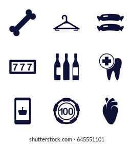 Single icons set. set of 9 single filled icons such as sausage, hanger, 7 number, 100 casino chip, heart organ, dental care, wine glass, online shopping