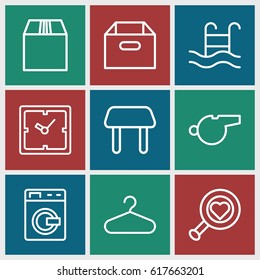 Single icons set. set of 9 single outline icons such as washing machine, table, clock, hanger, cargo container, swimming pool, whistle, box