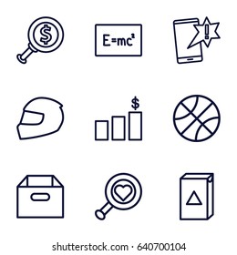 Single icons set. set of 9 single outline icons such as washing machine, helmet, box, money chart, board with formulas, dollar search, important message, heart search