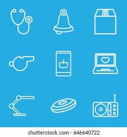 Single icons set. set of 9 single outline icons such as stethoscope, cargo container, laptop with heart, radio, table lamp, whistle, online shopping, bell